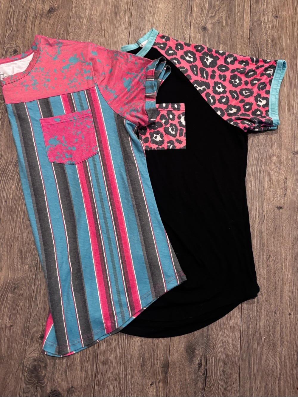 Crazy Train Pink & Teal Striped Pocket Tee